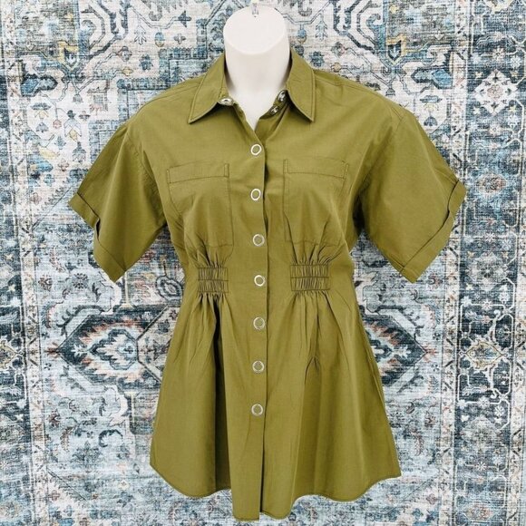 Zara Snap Front Dress Size L Elastic Cinch Waist Army Green SHort Sleeve Collar - Picture 1 of 12